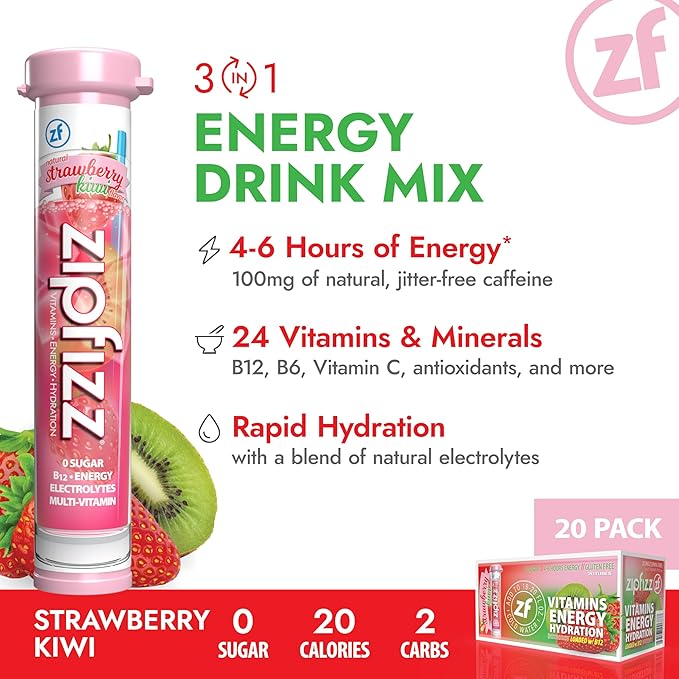 Zipfizz Daily Energy Drink Powder Strawberry Kiwi 20 Pack | 3-in-1 Sustained Energy Rapid Hydration and Essential Vitamins | Sugar-Free | Electrolyte Powder | Contains Vitamin B-12 &amp Antioxida