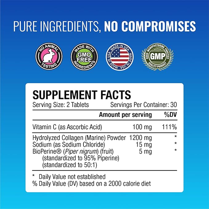 Approved Science Collagen Pills - Absorbable Marine Collagen Types I and III - 60 Tablets - Healthy Hair and Skin - Vitamin C Sodium and Bioperine for Fast Results - Non-GMO Made in USA