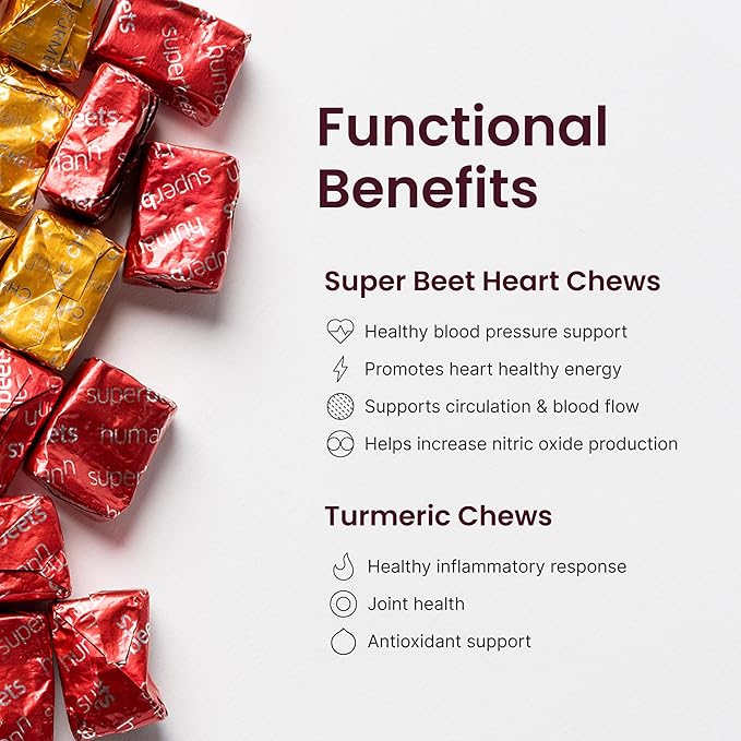 Humann SuperBeets Heart Chews &amp Turmeric Chews Beetroot and Turmeric Supplement High Absorption Curcumin Complex Nitric Oxide Support 90 Count