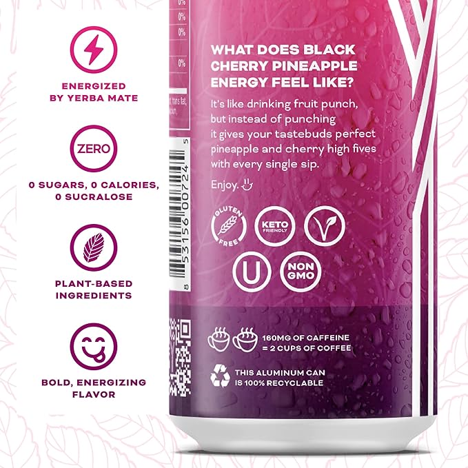 Yerbaé Energy Beverage - Black Cherry Pineapple 0 Sugar 0 Calories 0 Carbs. Yerbae is Energized by Yerba Mate Plant-Based Healthy Alternative to Sugary Drinks 16oz cans (12 Pack)