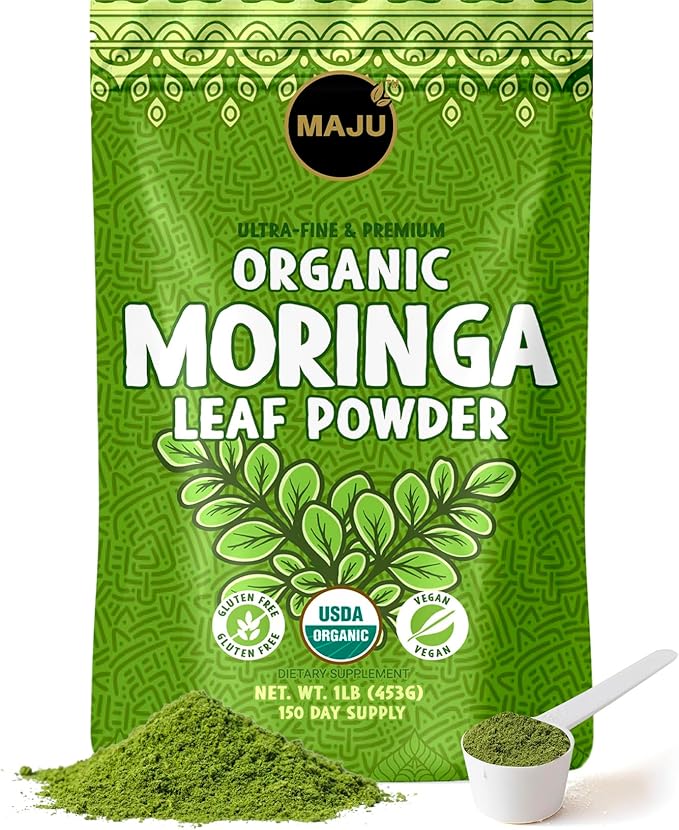 MAJU's Organic Moringa Powder (1 Pound) Oleifera Leaf Extra-Fine Quality Dried Drumstick Tree Leaves For Tea Smoothies Food-Grade