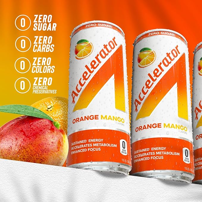 Accelerator Energy Drink Orange Mango 12oz can (12 pack) Zero Sugar Sustained Energy from 100% Natural Caffeine (200mg from Green Coffee Bean &amp Green Tea extract)