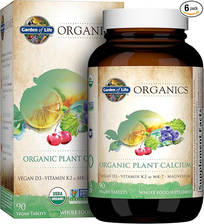 Garden of Life Calcium Supplement with Magnesium &amp Organic Vitamin D3 K2 Made from Whole Foods Gluten-Free 90 Count (Pack of 6)