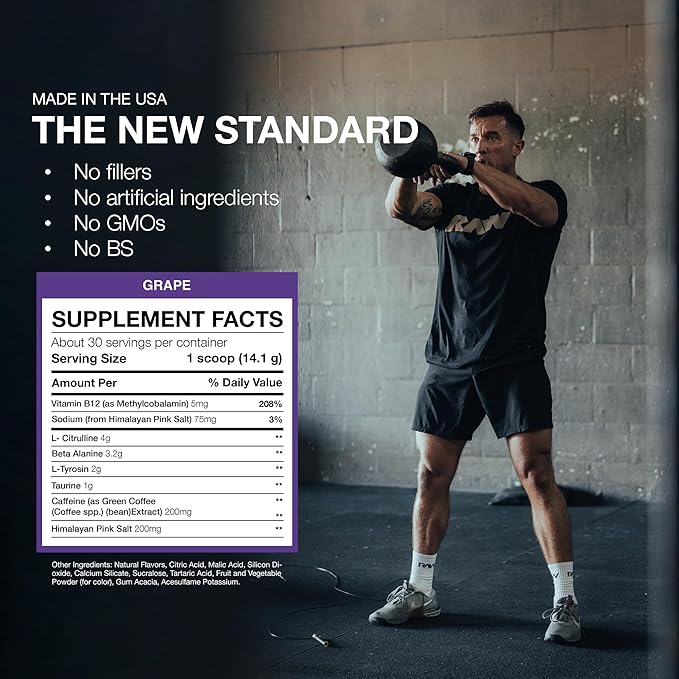 RAW Essential Pre-Workout Powder (Grape) - Chris Bumstead Sports Nutrition Supplement for Men &amp Women - Preworkout Energy Powder with Caffeine L-Citrulline L-Tyrosine &amp Beta Alanine Blend