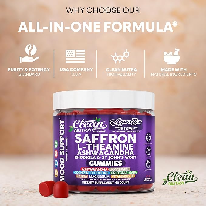 AuraZen Mood Support Saffron Gummies L-Theanine Ashwagandha Rhodiola St John's Wort Lions Mane GABA Vitamin D Magnesium Supplement | Calm Vegan Plant-Based Herbal Gummy By Clean Nutra