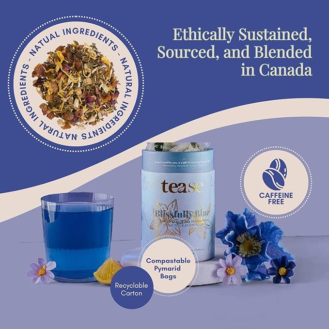 Tease Tea Butterfly Pea Tea - Blissfully Blue Stress Relief Herbal Tea Caffeine Free Tea Made with Butterfly Blue Pea Flowers and Ashwagandha Roots for a Moment of Calm and a Touch of Magic