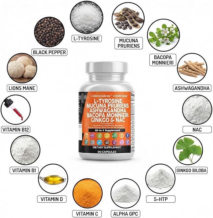 Clean Nutraceuticals L Tyrosine Mucuna Pruriens Bacopa Monnieri Ashwagandha Focus Supplement w/N-Acetyl Cysteine NAC 5-HTP Ginkgo Biloba Alpha GPC Vitamin C D B1 B12