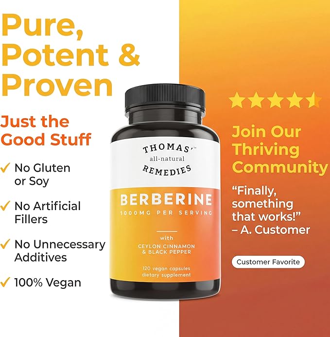 Thomas' all-natural Remedies Berberine 1000mg Metabolic Support - 120 Vegan Capsules w/Organic Ceylon Cinnamon &amp Black Pepper | Supports Healthy Heart and Gut Health &amp Overall Wellness