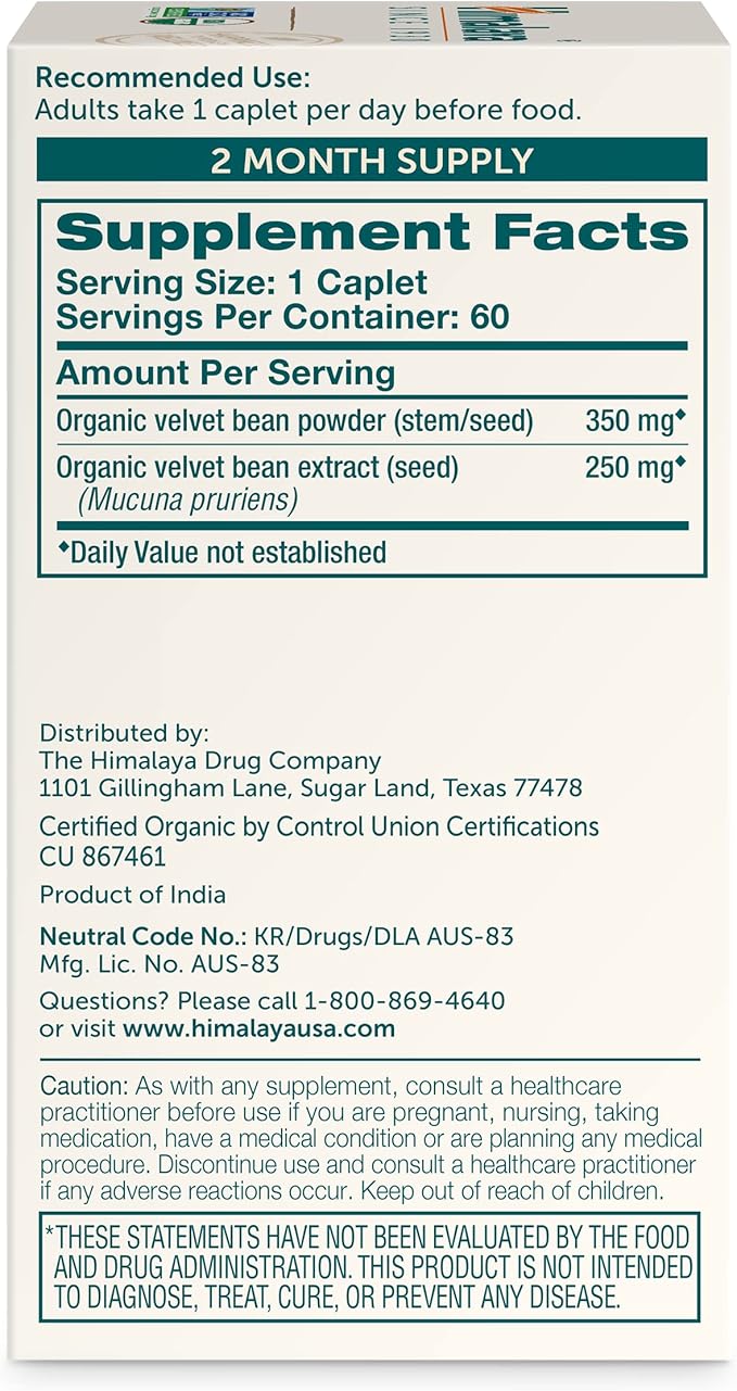 Himalaya Organic Mucuna Pruriens 60 Day Supply - Herbal Supplement for Calming Relaxation from Tension and Promoting Brain Function - Vegan Non-GMO Gluten Free 600 mg 60 Caplets