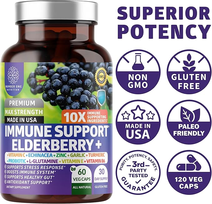 2 Pack N1N Premium 10 in 1 Immune Support Supplement [10 Potent Ingredients] with Elderberry Vitamin C Zinc Echinacea Turmeric Curcumin Garlic and Probiotics for Adults 120 Veg Caps