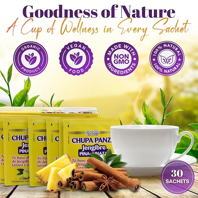 GN+Vida Tea CHUPA Panza Tea Based ONGINGER Root PINNEAPPLE Flaxseed &amp Cinnamon (30 Tea Bags/0.10 oz Each)(Pack of 3)