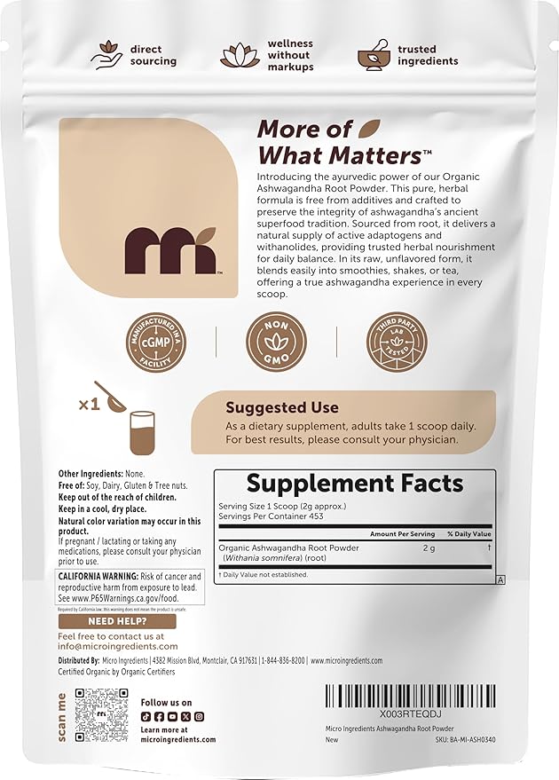 Micro Ingredients Organic Ashwagandha Root Powder 2 lb | 453 Servings | Pure Withania Somnifera Root | Ancient Ayurvedic Herb