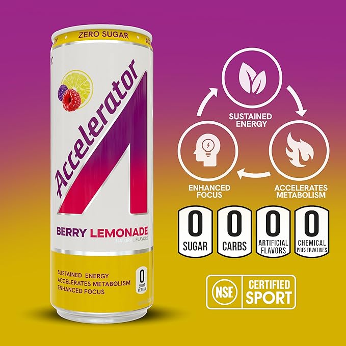 Accelerator Energy Drink Berry Lemonade 12oz can (12 pack) Zero Sugar Sustained Energy from 100% Natural Caffeine (200mg from Green Coffee Bean &amp Green Tea extract)