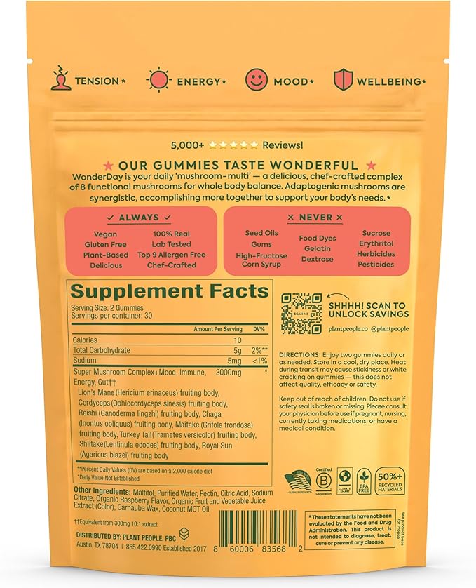 Plant People WonderDay Mushroom Gummies - Lion’s Mane Cordyceps Chaga Mushroom Supplement to Support Immune System De-Stress Boost Mood &amp Energy in Adults Natural Vegan Non-GMO (60 Count)