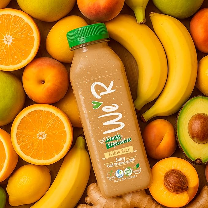 WE’R Yellow Star – 100% Fruits &amp Vegetables Juice – Orange banana pear avocado peach lemon – Cold-Pressed &amp HPP – 10 Pack – 11.2 fl oz Each (330 ml) – Nothing Added! Vegan GMO-Free Not