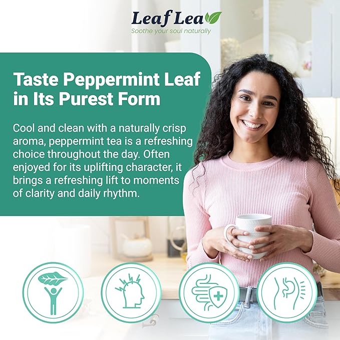 LeafLea 80 Premium Peppermint Tea Bags 100% Natural Peppermint Leaf Tea Te de Menta for Soothing Throat &amp Refreshing Breath Light and Smooth Flavor Caffeine-Free Sugar-Free Individually Wrap