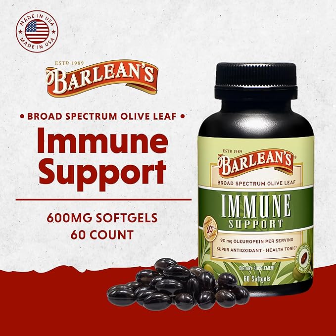 Barlean's Olive Leaf Complex Softgels Immune Support Supplement with 90 mg Oleuropein Antioxidants Concentrated Heart Health and Immunity Booster Pills 60 Count