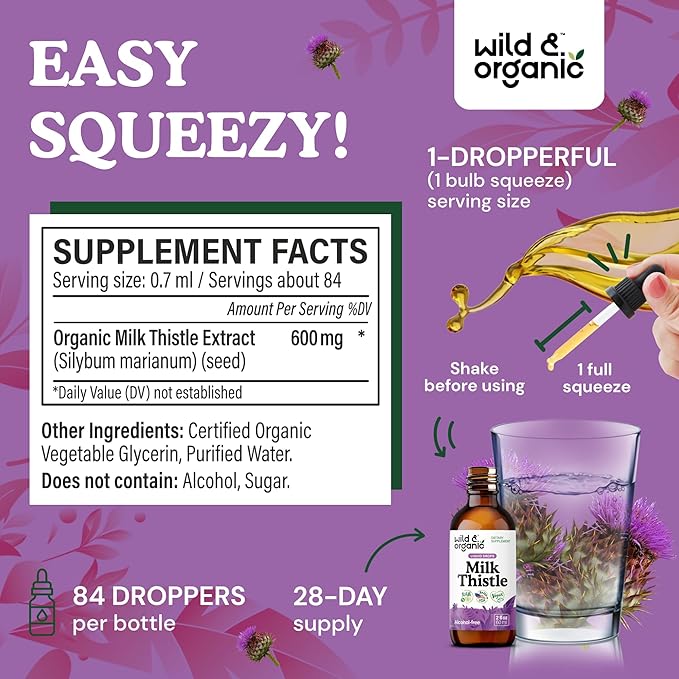 Wild &amp Organic Milk Thistle Extract Drops - Liver Cleanse Support - Milk Thistle Liver Detox Tincture - Liquid Silymarin Supplement - Silybum Marianum Seeds - Vegan Sugar &amp Alcohol-Free - 2 f
