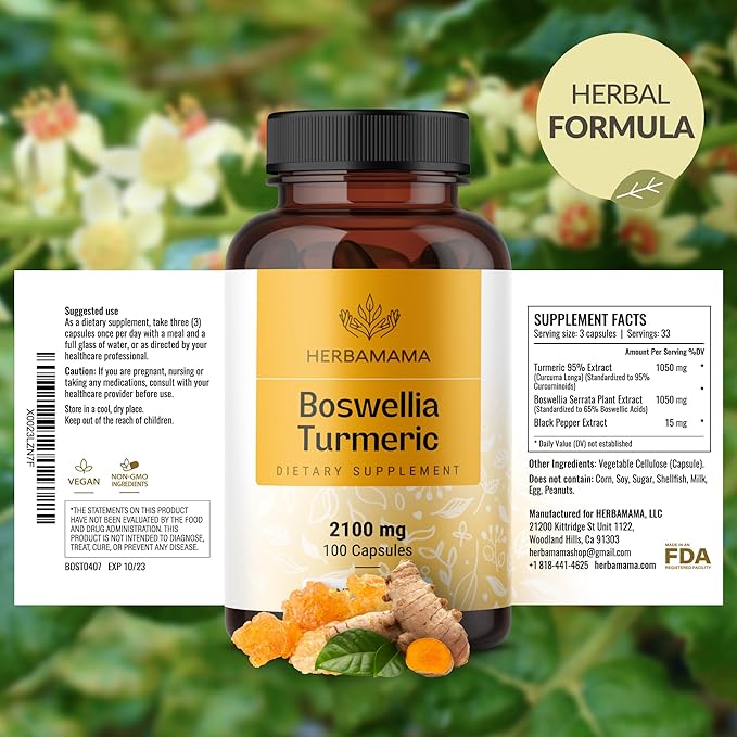 HERBAMAMA Turmeric and Boswellia Extract Capsules - 2100mg Boswellia Serrata &amp Turmeric Complex with Black Pepper Extract - Vegan Non-GMO 95% Curcuminoids Antioxidant Supplement 100 Caps