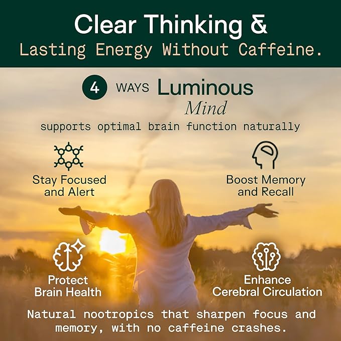 Adapt Naturals Luminous Mind Nootropic Brain Supplement with Ginkgo Biloba Bacopa and Lions Mane | Memory Focus Mental Clarity and Elevated Mood Support | No Caffeine Crash Free - 30 Days Supply
