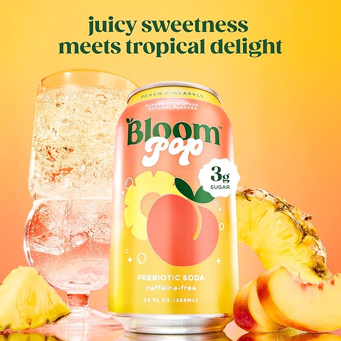 Bloom Pop Prebiotic Soda 12 Pack Peach Pineapple 12oz Cans | Prebiotic Soda for Gut Health Low Calorie Soda No Caffeine Healthy Soft Drink Alternative