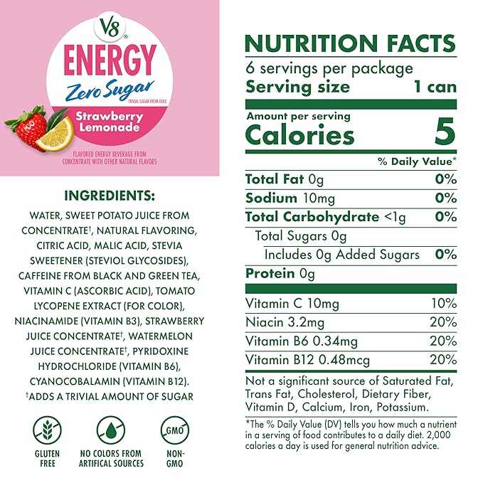 V8 Energy Zero Sugar Strawberry Lemonade 8 fl. oz. Can (24 Pack)