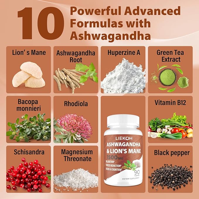 Ashwagandha &amp Lions Mane Supplement Capsules Brain Supplements for Memory and Focus Ashwagandha Supplement with Rhodiola &amp Black Peppe Cortisol Supplements for Women &amp Men90 Caps