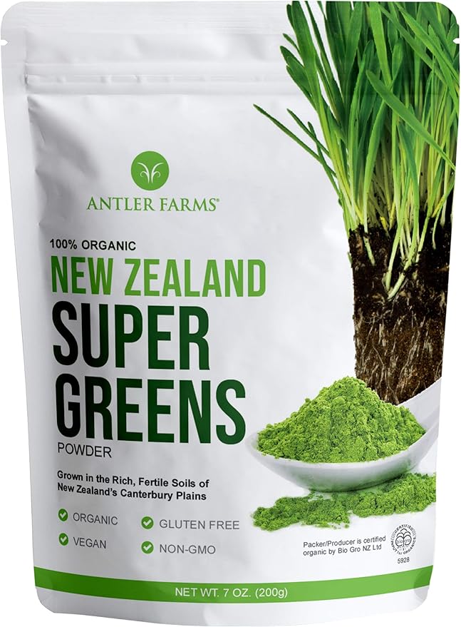 Antler Farms - 100% Pure Organic New Zealand Super Greens Powder 40 Servings 200g - Wheat Grass Barley Grass Chlorella Spirulina - Vegan Gluten Free Chlorophyll Rich for Energy and Detox