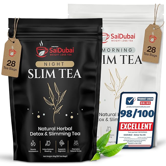 Premium Detox Tea Kit Herbal Slim Tea Duo 28 Morning Vitality Bags &amp 28 Night Calm Bags Certified Herbal Blend with REACH MSDS &amp Heavy Metal Tests Safe Caffeine Free Supports Active Lifestyle