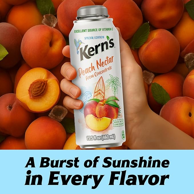 Kern’s Peach Nectar Lata Botella - Made with Fresh Fruit Puree &amp Peach Juice Concentrate for Fruit Smoothie Mix Cocktail Mixers &amp Kids Beverages - 15.5oz 12 Pack Resealable Juice Bottles