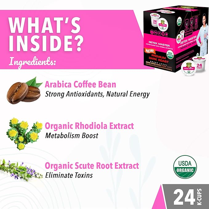 SOLLO Organic Detox Coffee Pods Supports Diet &amp Metabolism with Herbal Extracts Bold Dark Roast Single Serve Pod Compatible with Keurig K-Cup Brewers 24 Ct