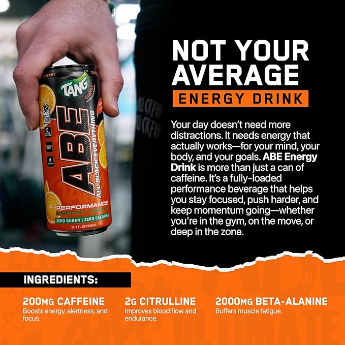 All Black Everything Performance Energy Drink | Zero Calories Sugar Free | 200mg Caffeine | Beta Alanine &amp Citrulline | Pre-Workout Sport Drink for Men &amp Women | Tang Orange | 12 Pack