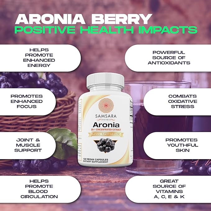 Samsara Herbs Aronia Berry 20:1 Extract (120x500mg Capsules) - Antioxidant Flavonoids and Polyphenols Supplement - High ORAC - Native American Berry - Improved Wellbeing