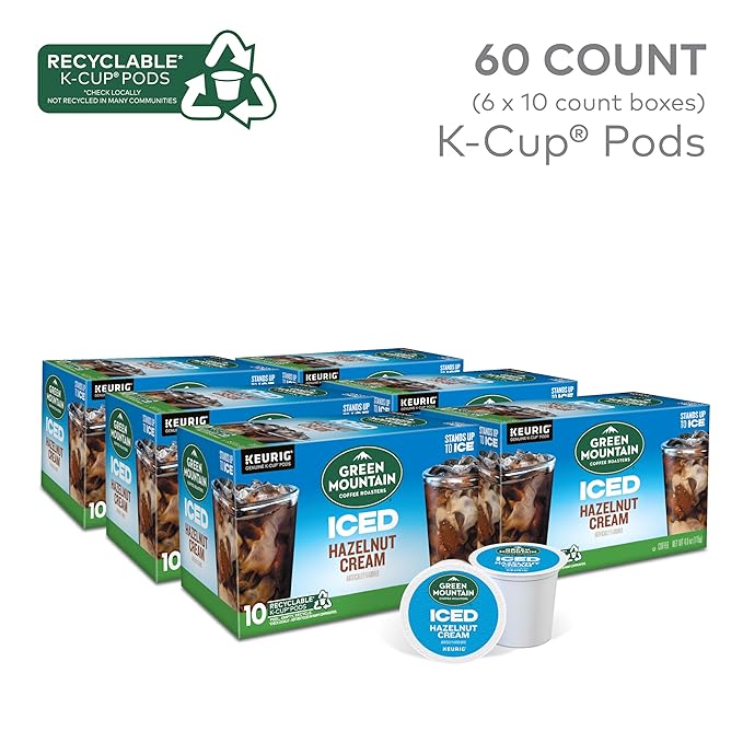 Green Mountain Coffee Roasters ICED Hazelnut Cream Single Serve Keurig K-Cup Pods Flavored Iced Coffee 60 Count (6 Packs of 10)