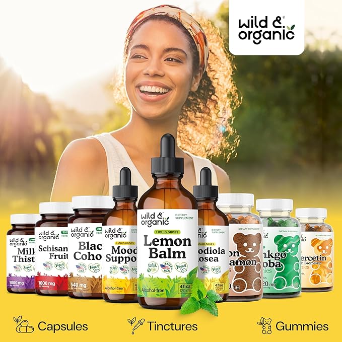 Wild &amp Organic Lemon Balm Tincture - Mood Support Supplement - Melissa Lemon Balm Leaf Extract Drops - Vegan Sugar &amp Alcohol-Free Calming Supplement - 4 fl oz