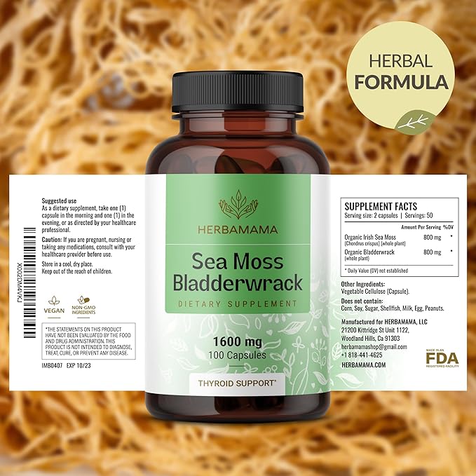 HERBAMAMA Sea Moss and Bladderwrack Capsules - 1600mg Irish Sea Moss for Immune Support - Vegan Non-GMO Immunity Supplement for Overall Support