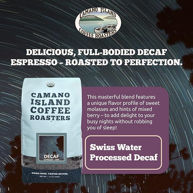 Camano Island Coffee Roasters Decaf Espresso Blend Ground 2lb Fresh Dark Roast Swiss Water Processed USDA Organic Fairly Traded Shade Grown Top 1% Arabica Sweet Molasses Mixed Berry Flavor