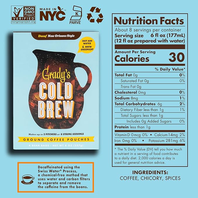 GRADY’S COLD BREW New Orleans Style - DECAF 100% Arabica Ground Coffee &amp Chicory Pouches ONE Bundle of 4 Easy-to-Brew Bean Bags Makes 12 drinks