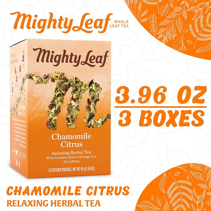 Mighty Leaf Chamomile Citrus Herbal Tea – 45 Count (3 Packs of 15) Whole Leaf Pyramid Tea Bags – Caffeine-Free Soothing Blend with Citrus &amp Floral Notes