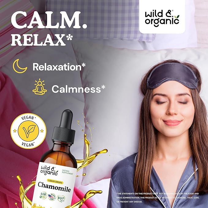 Wild &amp Organic Chamomile Tincture - Relaxing &amp Calming Chamomile Supplement - Liquid Flower Extract Drops - Vegan Sugar &amp Alcohol-Free - 2 fl oz