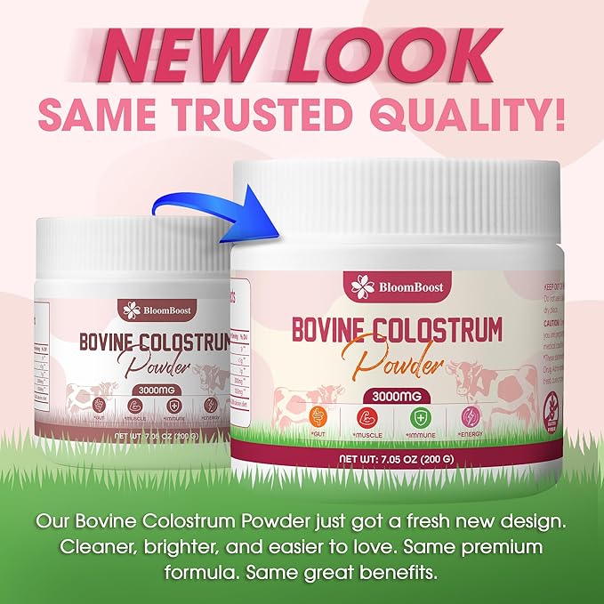 BloomBoost Bovine Colostrum Supplement 3000mg per Serving 200 Grams Gut Health Brain &amp Immune HealthMuscle Recovery &amp Wellness Grass-Fed Colostrum Powder Non-GMO All-Natural