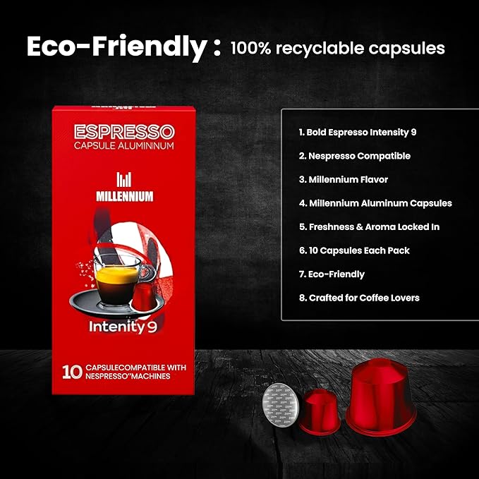 Prince Caffe Espresso Pods –Millennium Intensity 9 Medium-Dark Roast The Espresso Coffee Pods Are Compatible with Nespresso Original Line Machines 30 Count (3 x 10 Capsules) Premium Quality Coffee
