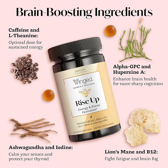 Winged Wellness Rise Up Energy &amp Focus Gummies for Women - Daily Brain Boost Gummy Supplement with Natural Caffeine Ashwagandha B12 Nootropics Alpha-GPC &amp Lion’s Mane - Pineapple 60 Gummi