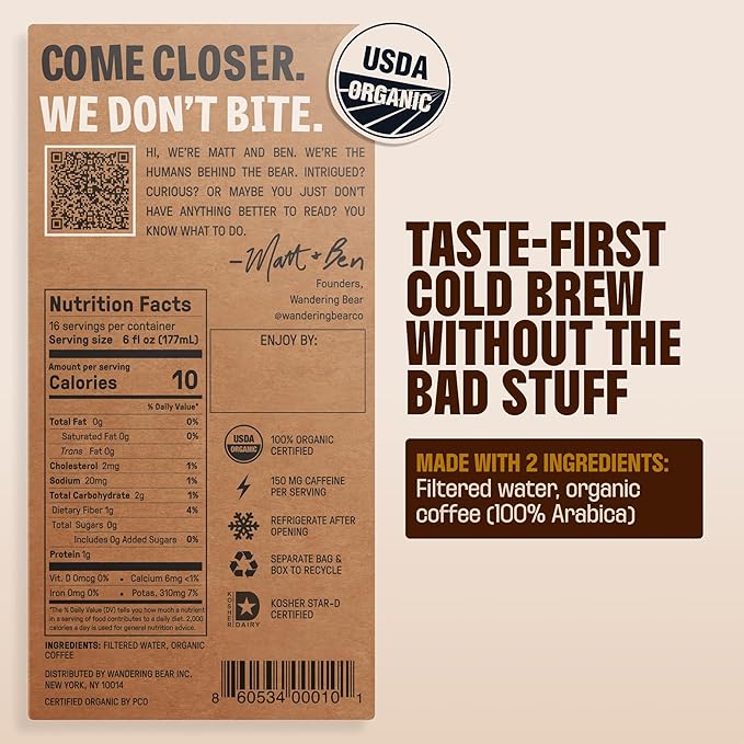 Wandering Bear Straight Black Organic Cold Brew Coffee On Tap Iced Coffee Drink - Extra Strong Smooth No Sugar Added Shelf-Stable Ready to Drink &amp Vegan 100% Organic - 16 Servings of 6fl.oz