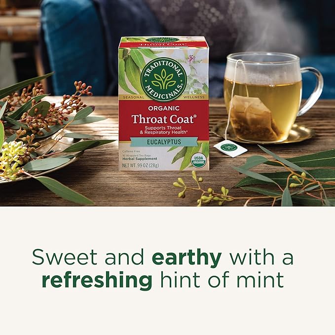 Traditional Medicinals Tea Organic Throat Coat Eucalyptus Throat and Respiratory Support 96 Tea Bags (6 Pack)