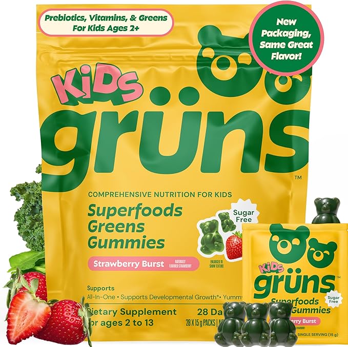 Gruns Multivitamin for Kids Sugar-Free Super Greens Superfood Gummy Bears with 20 Vitamins &amp Minerals Alfalfa Spirulina Chlorella Prebiotics Fiber for Digestive Health Adaptogens 28 ct