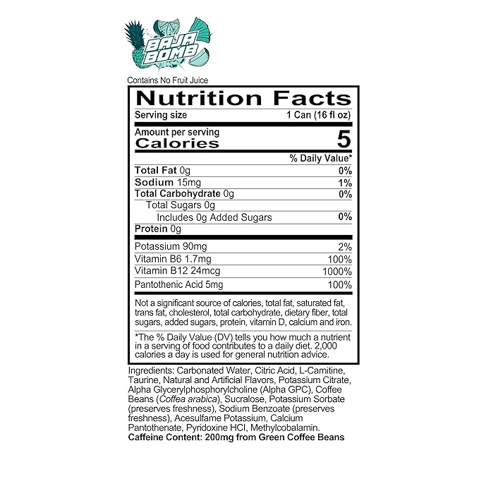 REDCON1 Energy High Performance Drink Baja Bomb - Zero Sugar Energy Drink with Alpha GPC Nootropic - 200mg of Natural Caffeine from Green Coffee Beans - Vitamin B6 B12 &amp B5 to Boost Mood (12 ct)