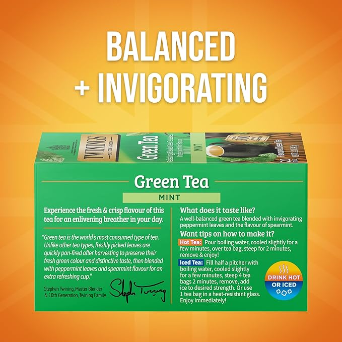 Twinings Green Tea with Mint Individually Wrapped Bags 20 Count (Pack of 6) Invigorating Aroma Caffeinated Enjoy Hot or Iced 120 Teabags
