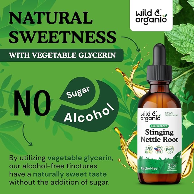 Wild &amp Organic Stinging Nettle Root Drops - Stinging Nettle Extract Tincture for Men &amp Women - Liquid Urtica Dioica Supplement - Vegan Sugar &amp Alcohol-Free - 2 fl oz