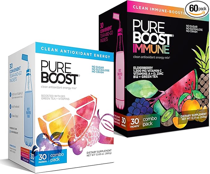Pureboost Clean Energy and Super Immune Bundle. 60 Stick Packs Boosted with B12 Vitamin C and More. Fruity Combo Pack + Advanced Immune Support Immune Combo Pack